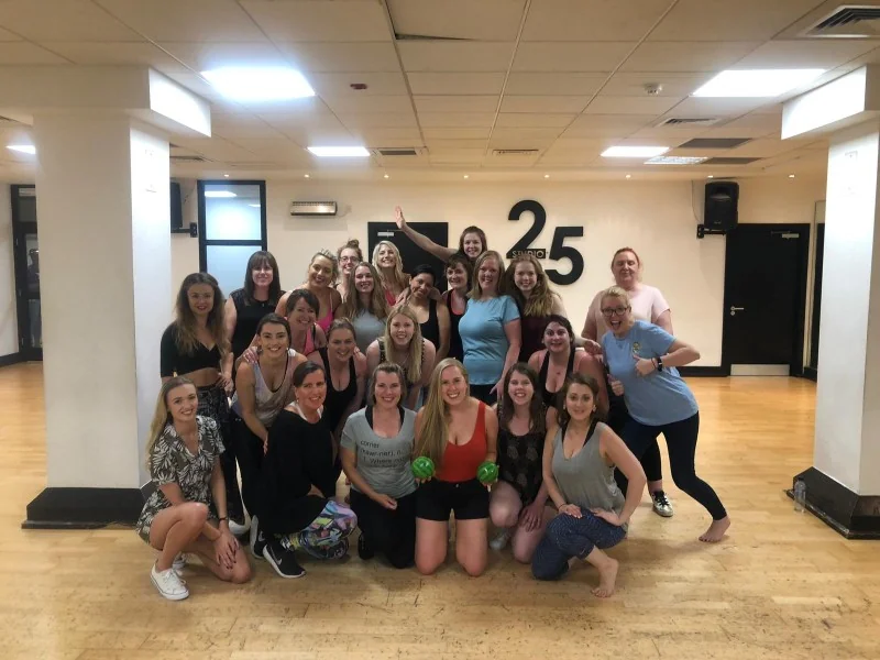 Dirty Dancing hen party dance class in Nottingham, group in a close partner hold